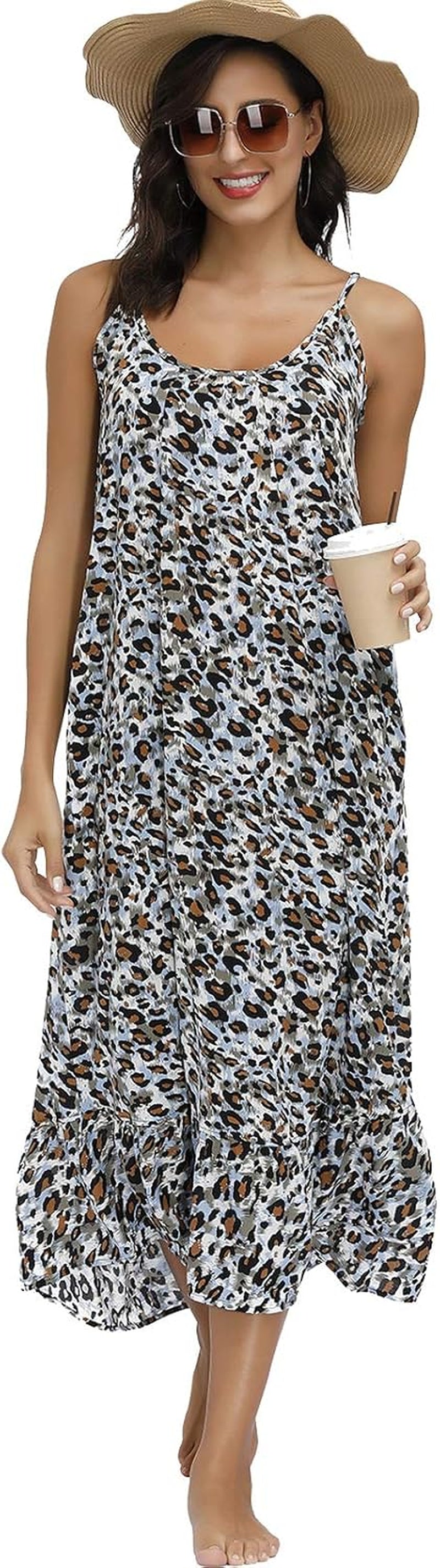 Women'S V Neck Floral Maxi Dress Boho Printed Adjustable Spaghetti Strap Ethnic Beach Long Dress with Pockets