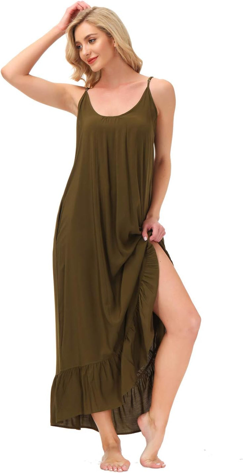 Women'S V Neck Floral Maxi Dress Boho Printed Adjustable Spaghetti Strap Ethnic Beach Long Dress with Pockets