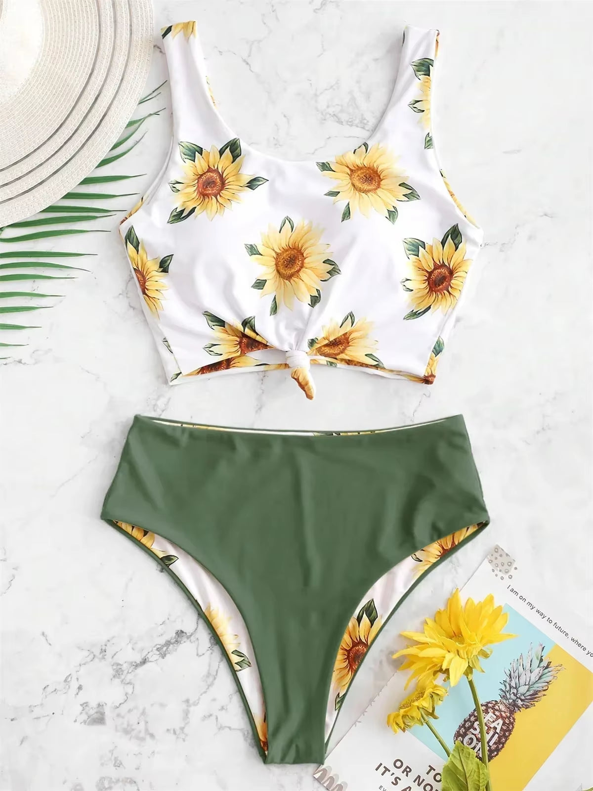 Sexy Sunflower Print Bikini Set 2025 Push up Crop Top Reversible Micro Swimwear Women Front Tie Bathing Suit High Waist Swimsuit