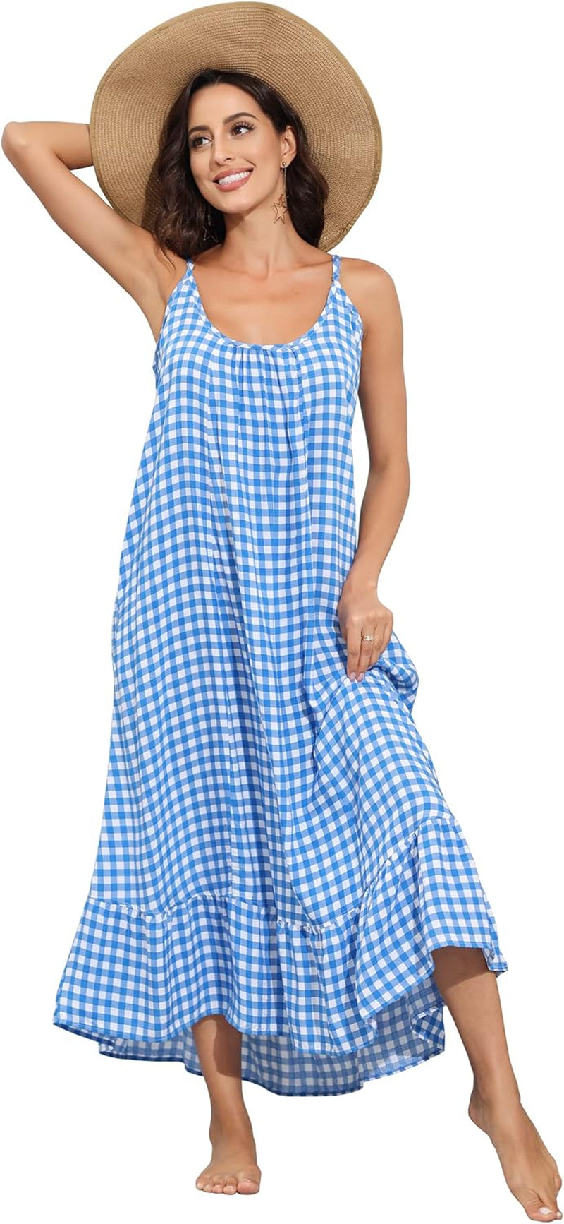 Women'S V Neck Floral Maxi Dress Boho Printed Adjustable Spaghetti Strap Ethnic Beach Long Dress with Pockets