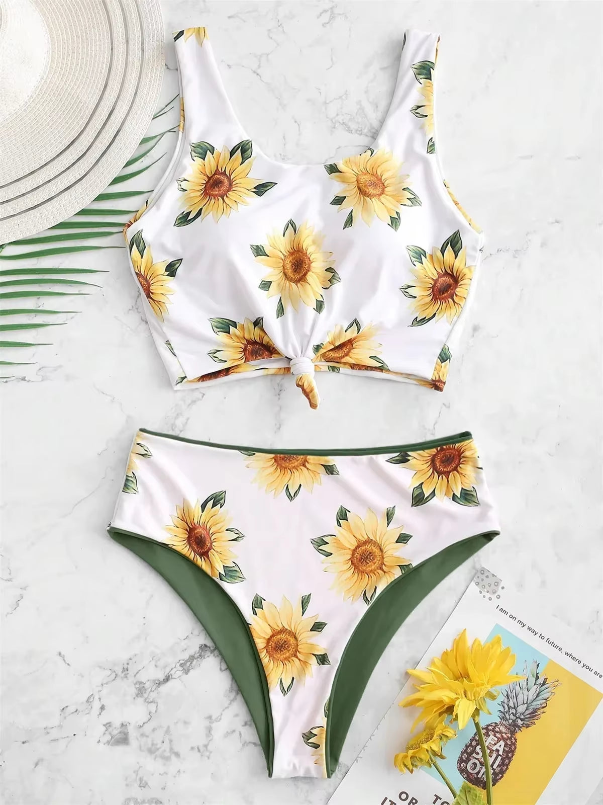 Sexy Sunflower Print Bikini Set 2025 Push up Crop Top Reversible Micro Swimwear Women Front Tie Bathing Suit High Waist Swimsuit