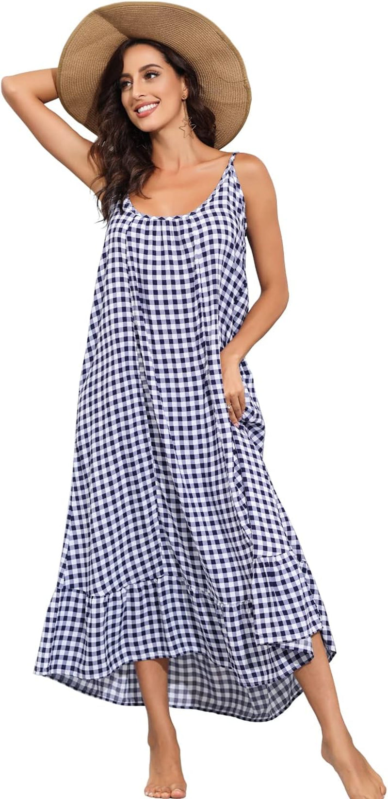 Women'S V Neck Floral Maxi Dress Boho Printed Adjustable Spaghetti Strap Ethnic Beach Long Dress with Pockets