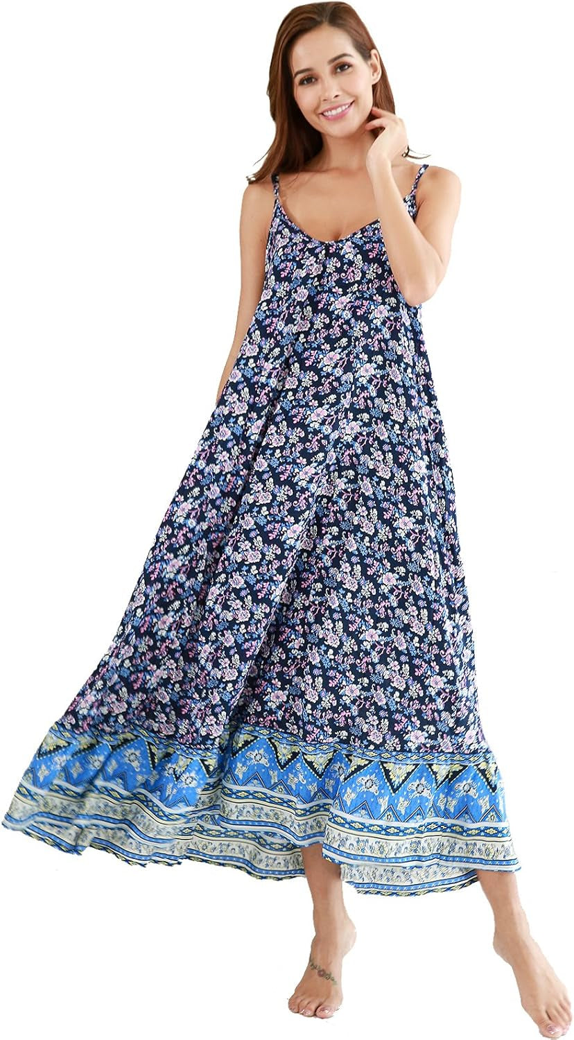 Women'S V Neck Floral Maxi Dress Boho Printed Adjustable Spaghetti Strap Ethnic Beach Long Dress with Pockets