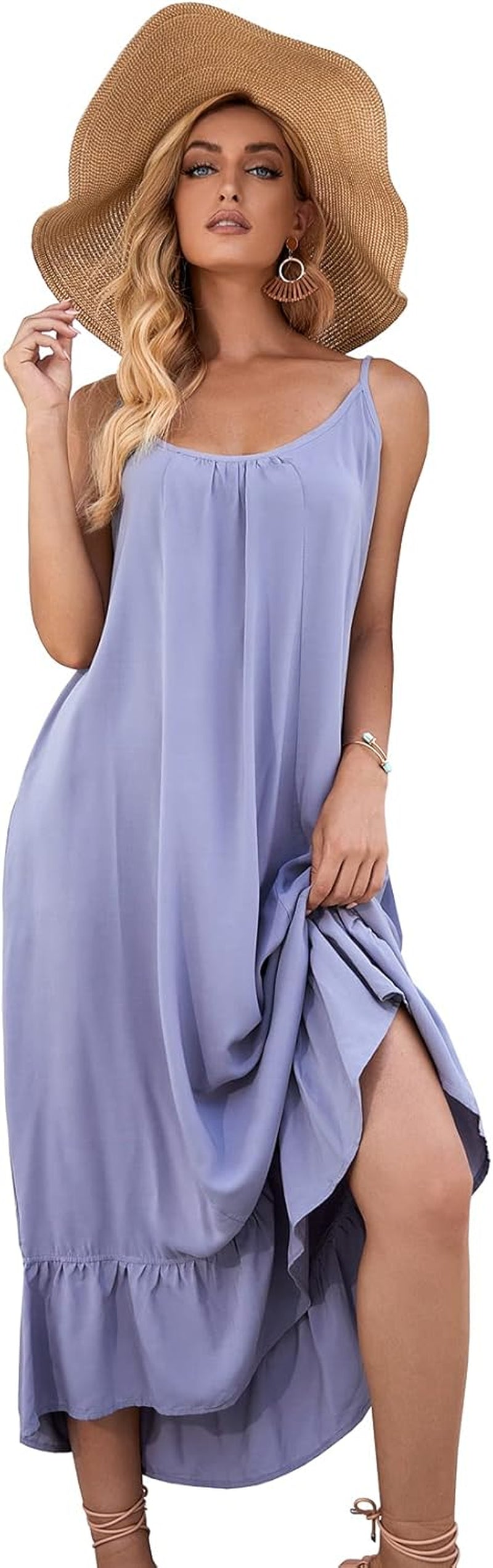 Women'S V Neck Floral Maxi Dress Boho Printed Adjustable Spaghetti Strap Ethnic Beach Long Dress with Pockets