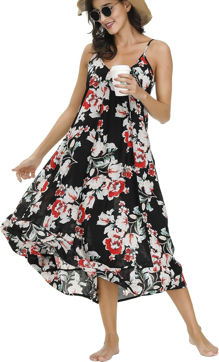 Women'S V Neck Floral Maxi Dress Boho Printed Adjustable Spaghetti Strap Ethnic Beach Long Dress with Pockets