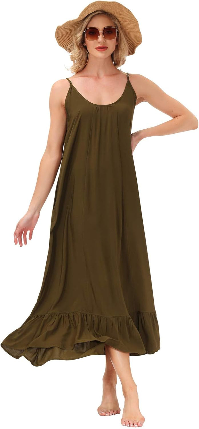 Women'S V Neck Floral Maxi Dress Boho Printed Adjustable Spaghetti Strap Ethnic Beach Long Dress with Pockets