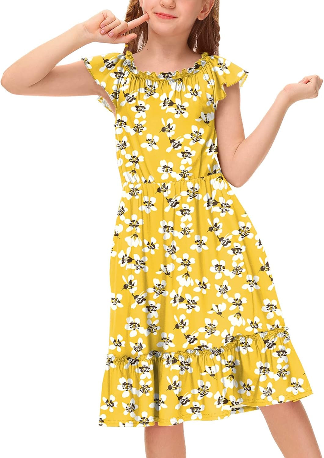 Girl'S Floral Elastic Neckline Flutter Sleeve Midi Dress with Side Pockets 4-12 Years