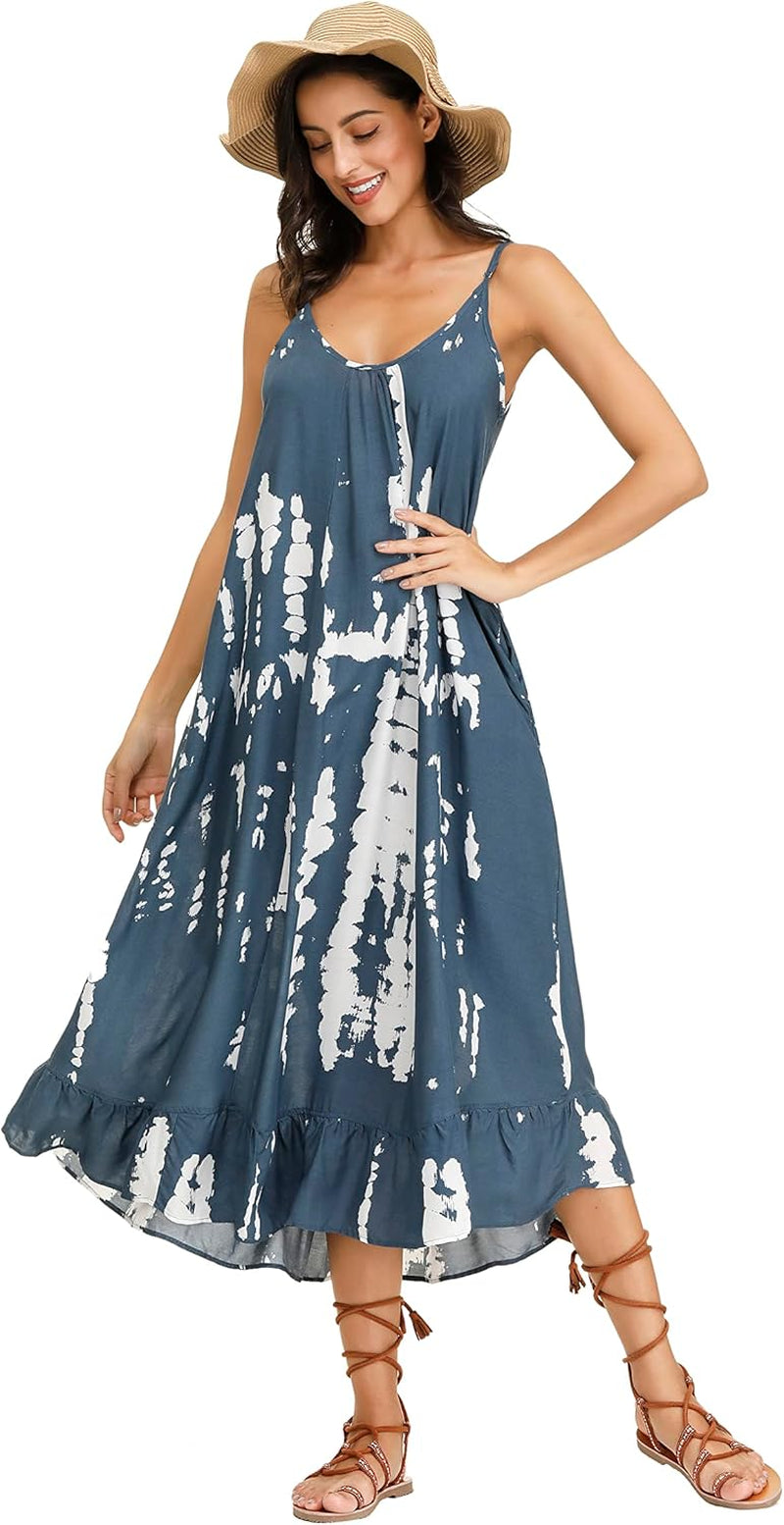 Women'S V Neck Floral Maxi Dress Boho Printed Adjustable Spaghetti Strap Ethnic Beach Long Dress with Pockets