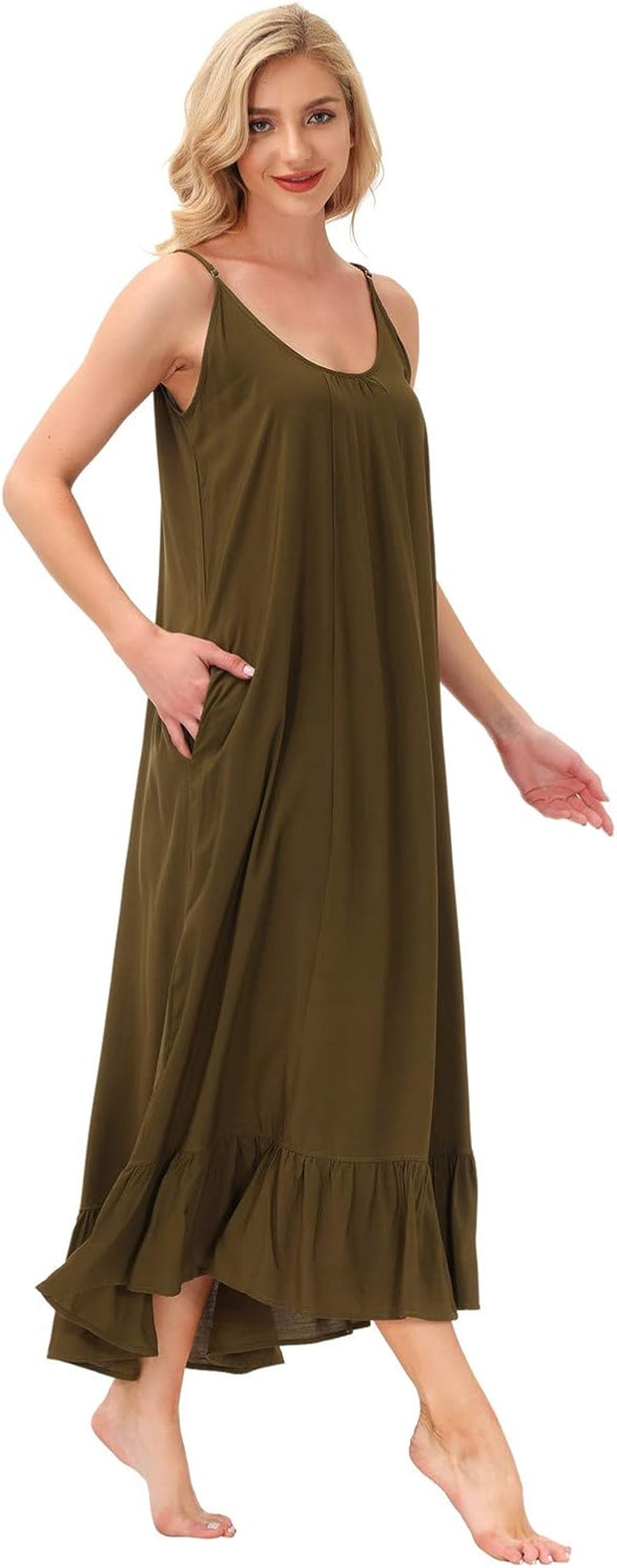 Women'S V Neck Floral Maxi Dress Boho Printed Adjustable Spaghetti Strap Ethnic Beach Long Dress with Pockets