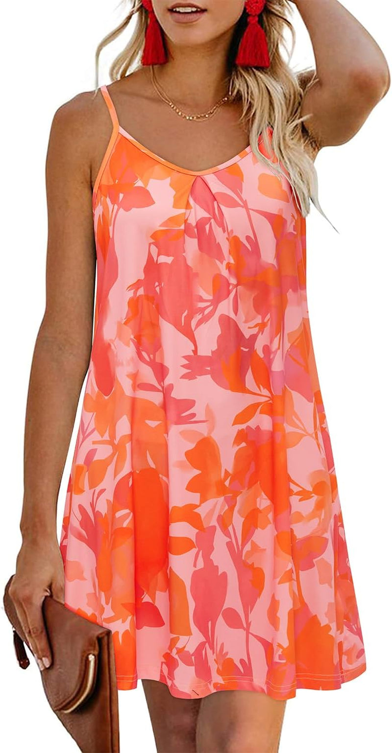 Women'S 2024 Summer Casual Beach Dresses Cover Ups Floral V Neck Spaghetti Strap Backless Mini Sun Dress