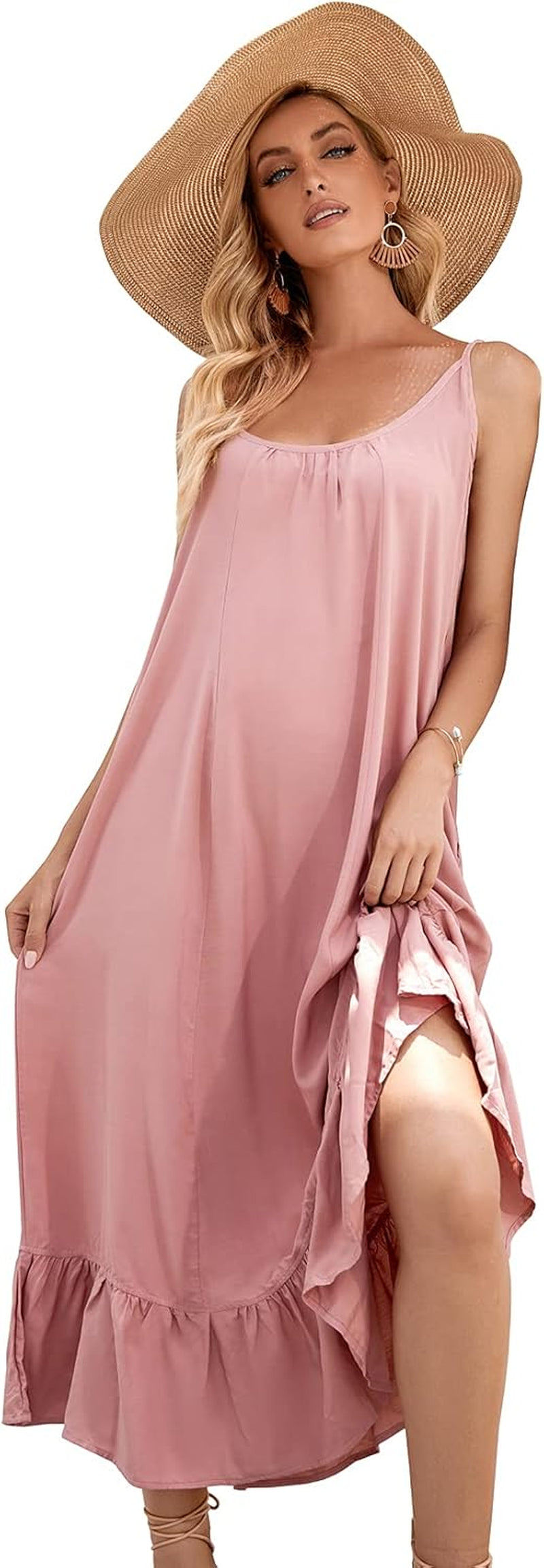 Women'S V Neck Floral Maxi Dress Boho Printed Adjustable Spaghetti Strap Ethnic Beach Long Dress with Pockets