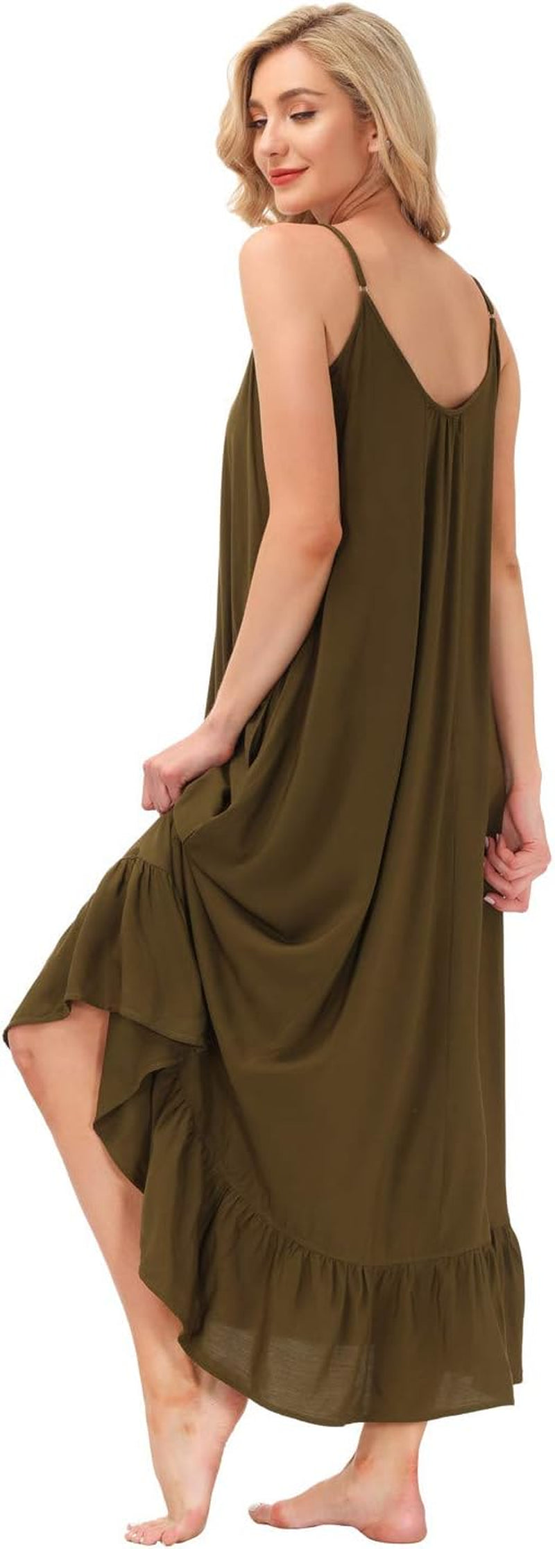 Women'S V Neck Floral Maxi Dress Boho Printed Adjustable Spaghetti Strap Ethnic Beach Long Dress with Pockets