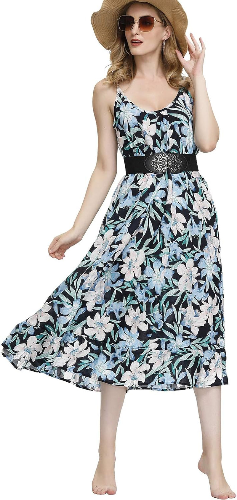 Women'S V Neck Floral Maxi Dress Boho Printed Adjustable Spaghetti Strap Ethnic Beach Long Dress with Pockets