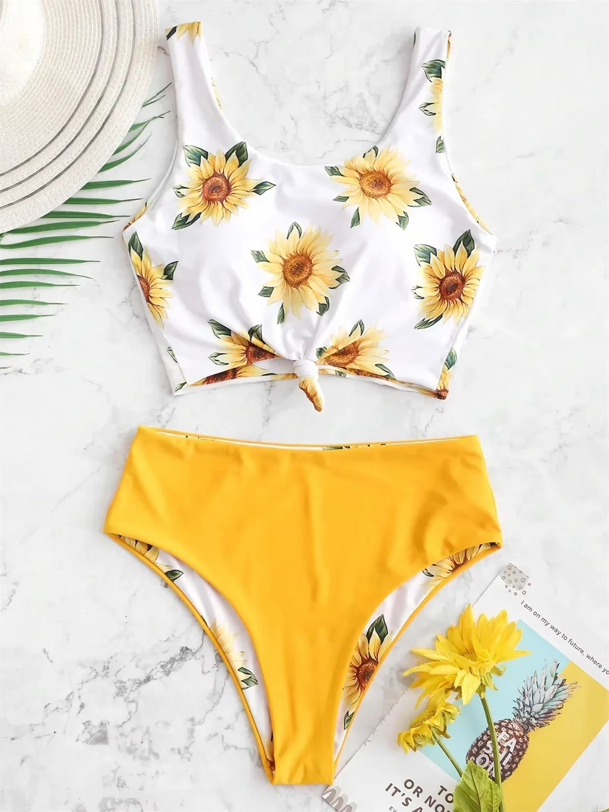 Sexy Sunflower Print Bikini Set 2025 Push up Crop Top Reversible Micro Swimwear Women Front Tie Bathing Suit High Waist Swimsuit