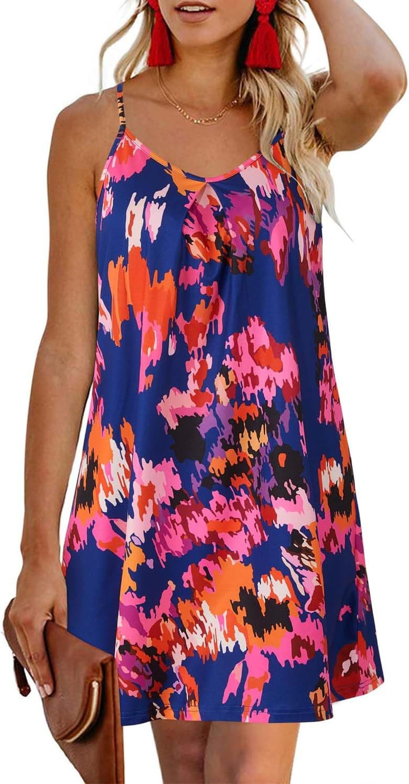 Women'S 2024 Summer Casual Beach Dresses Cover Ups Floral V Neck Spaghetti Strap Backless Mini Sun Dress