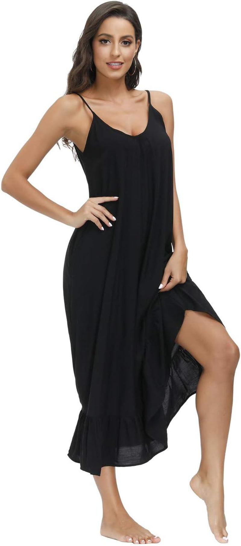 Women'S V Neck Floral Maxi Dress Boho Printed Adjustable Spaghetti Strap Ethnic Beach Long Dress with Pockets