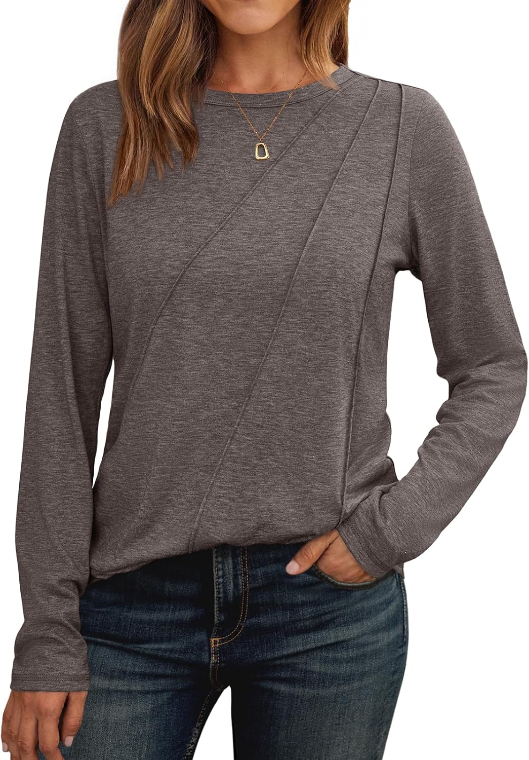 Womens Long Sleeve Shirts Pleated Crew Neck Casual Fall Fashion Tops Loose Fit Lightweight Girls Outfits Clothes