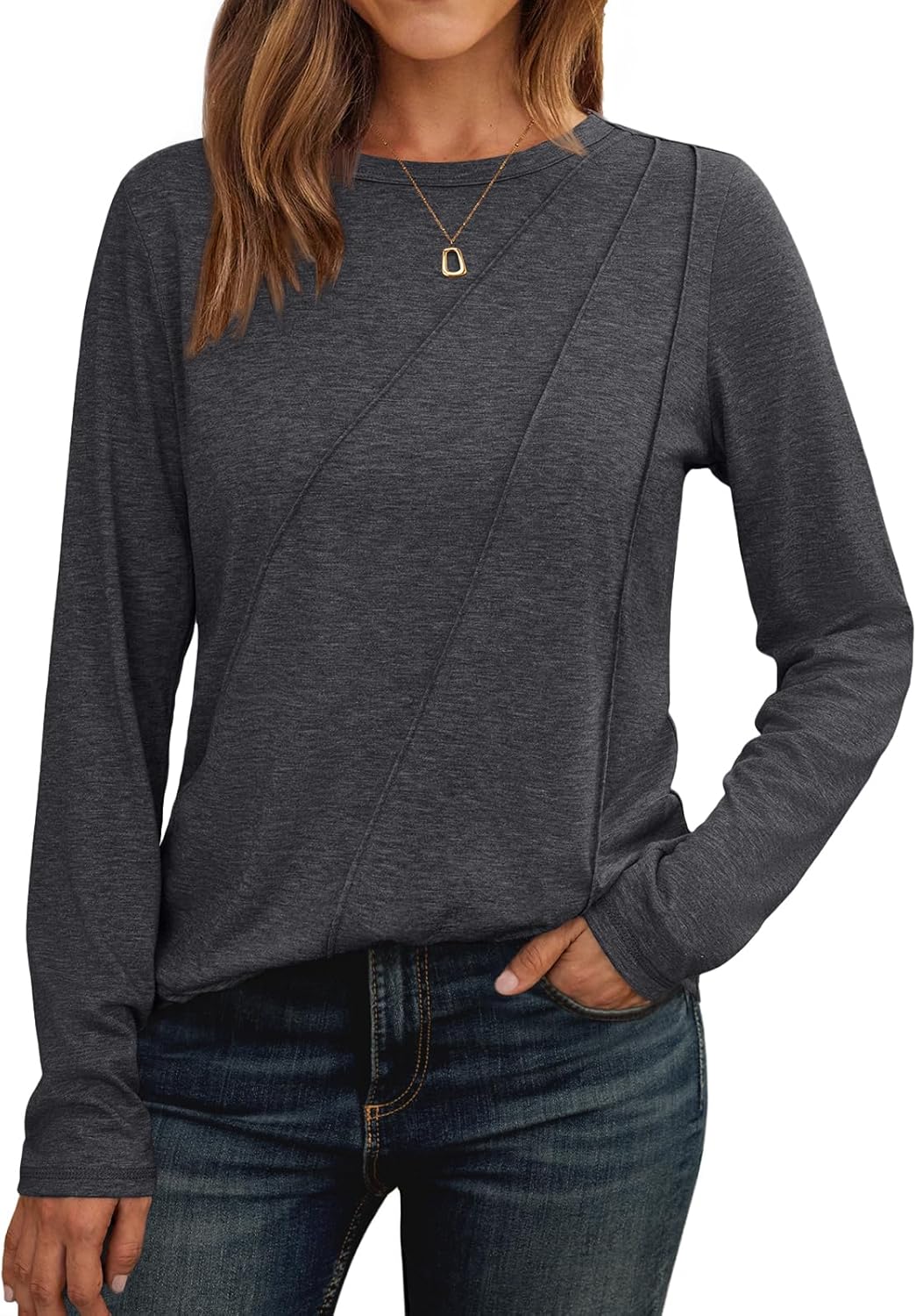 Womens Long Sleeve Shirts Pleated Crew Neck Casual Fall Fashion Tops Loose Fit Lightweight Girls Outfits Clothes