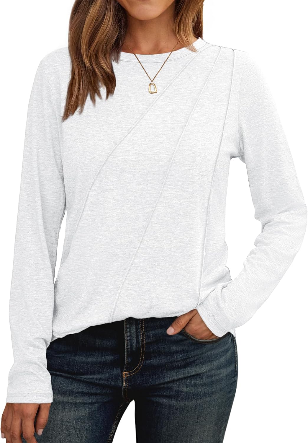 Womens Long Sleeve Shirts Pleated Crew Neck Casual Fall Fashion Tops Loose Fit Lightweight Girls Outfits Clothes
