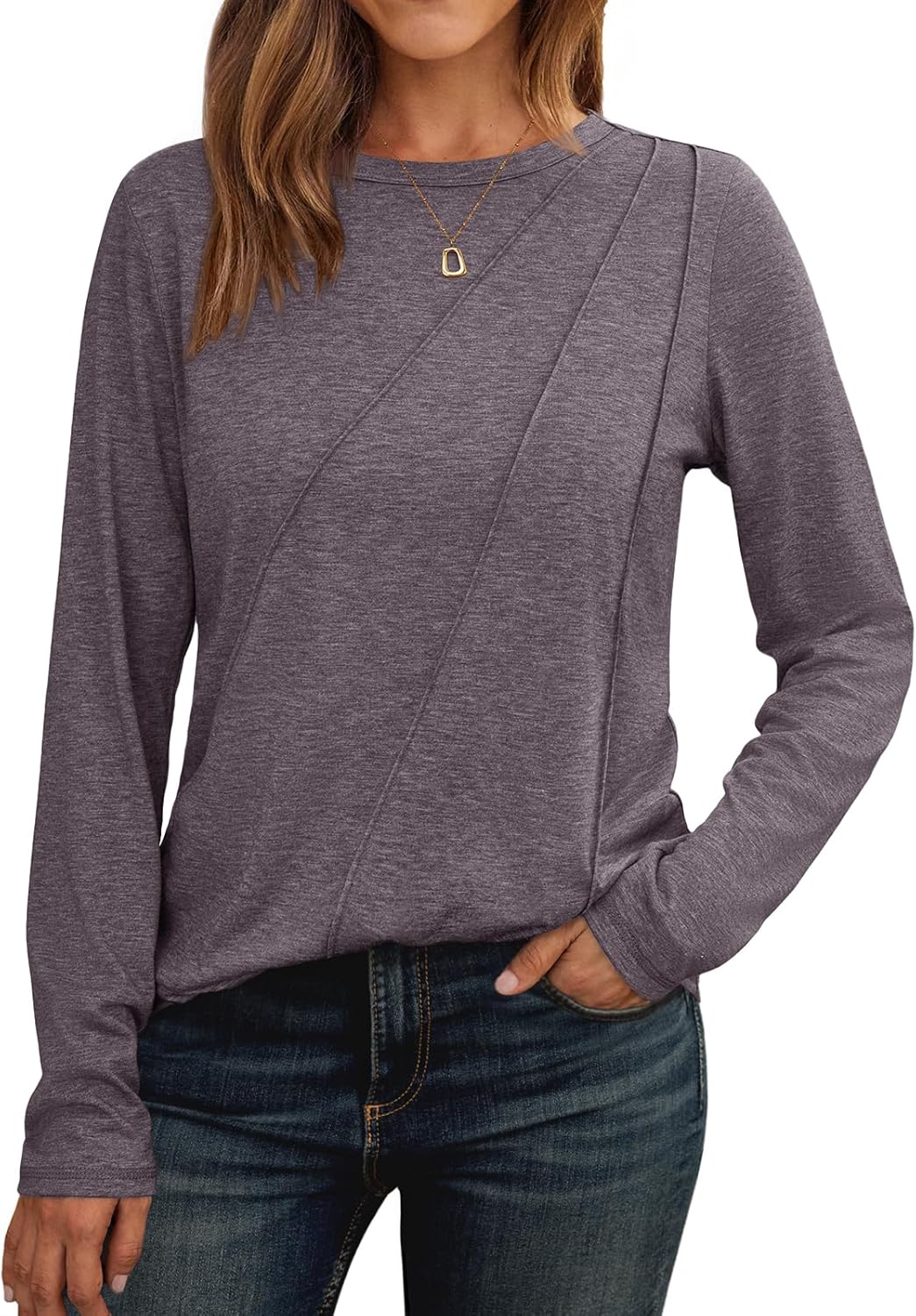 Womens Long Sleeve Shirts Pleated Crew Neck Casual Fall Fashion Tops Loose Fit Lightweight Girls Outfits Clothes
