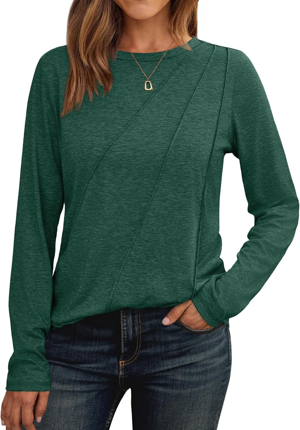 Womens Long Sleeve Shirts Pleated Crew Neck Casual Fall Fashion Tops Loose Fit Lightweight Girls Outfits Clothes