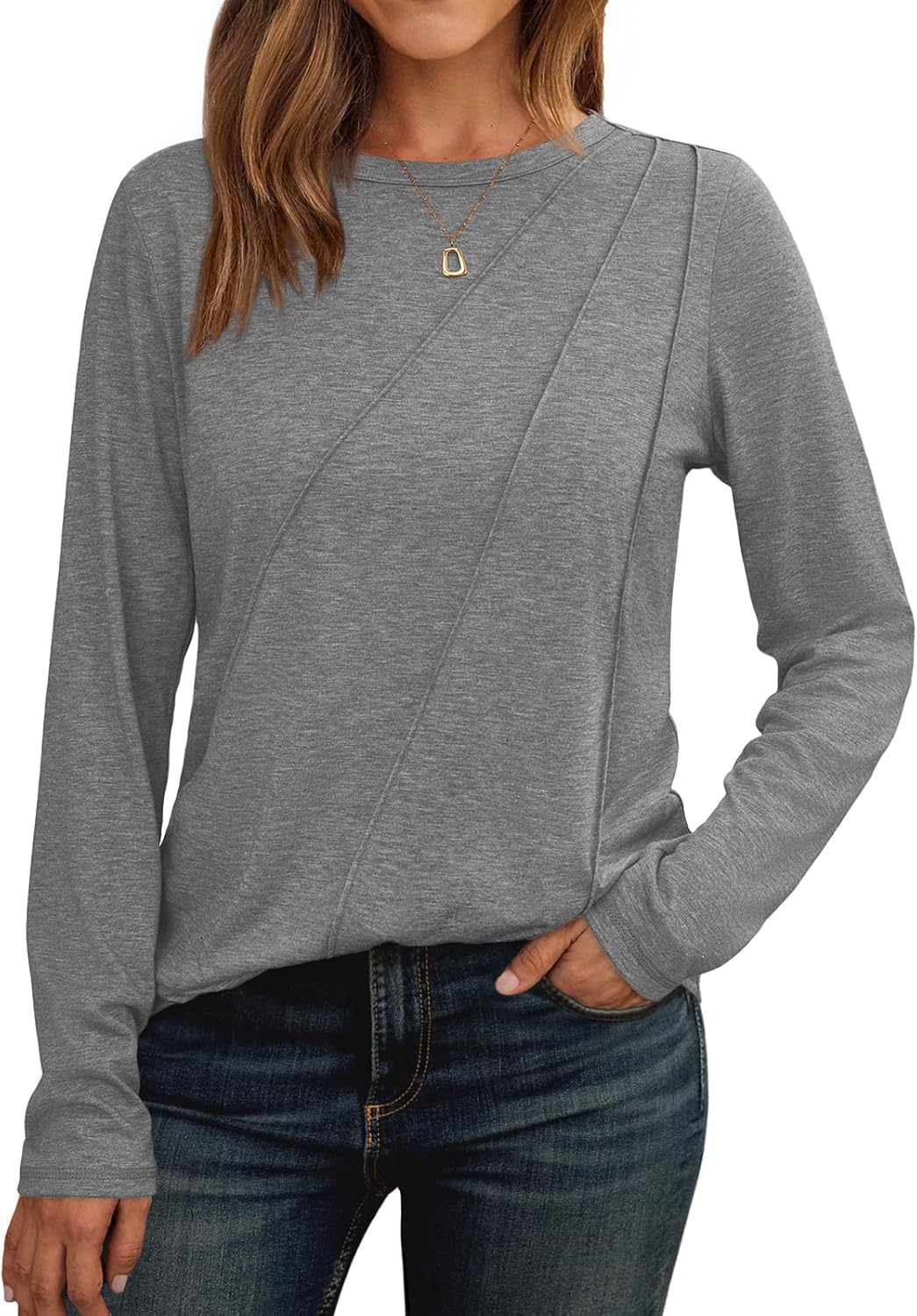 Womens Long Sleeve Shirts Pleated Crew Neck Casual Fall Fashion Tops Loose Fit Lightweight Girls Outfits Clothes