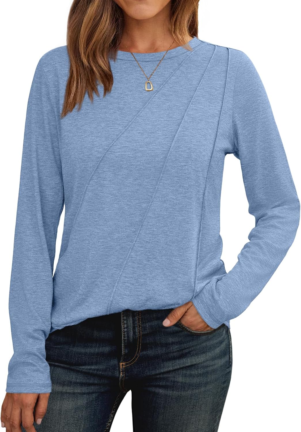 Womens Long Sleeve Shirts Pleated Crew Neck Casual Fall Fashion Tops Loose Fit Lightweight Girls Outfits Clothes
