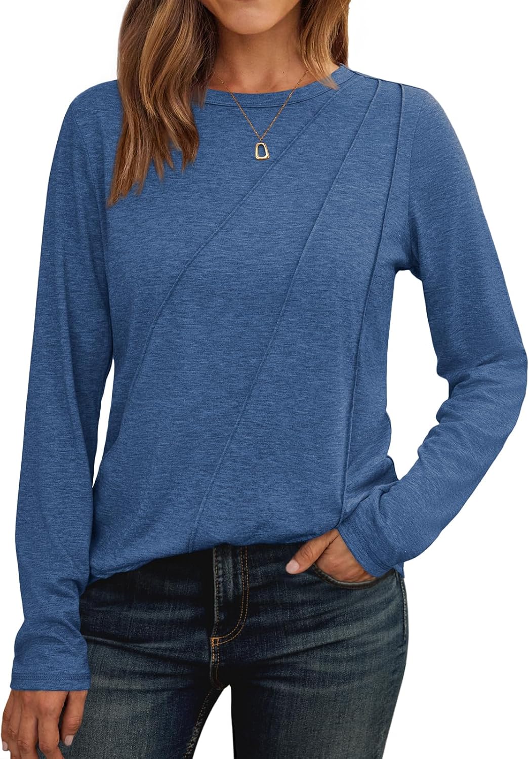 Womens Long Sleeve Shirts Pleated Crew Neck Casual Fall Fashion Tops Loose Fit Lightweight Girls Outfits Clothes
