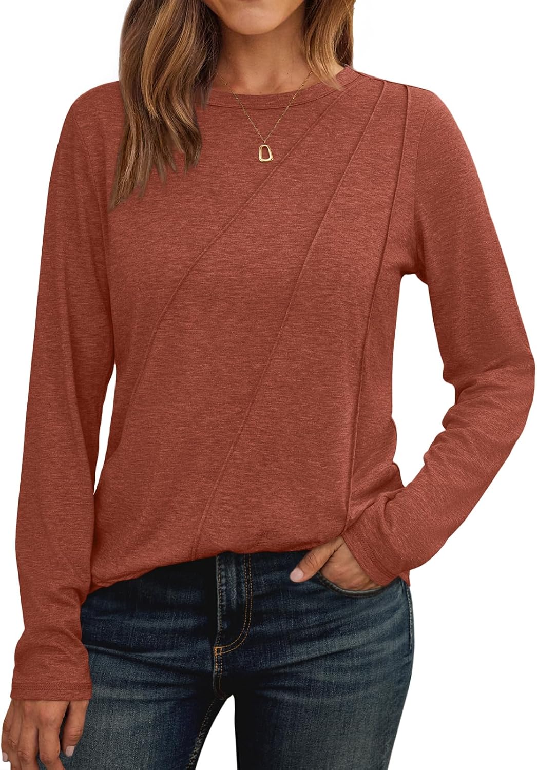 Womens Long Sleeve Shirts Pleated Crew Neck Casual Fall Fashion Tops Loose Fit Lightweight Girls Outfits Clothes