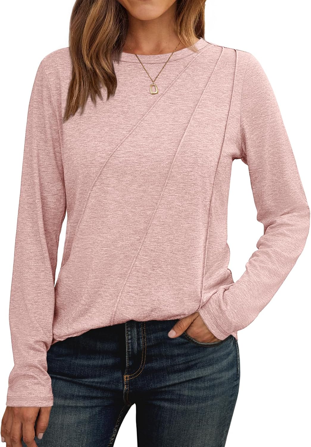 Womens Long Sleeve Shirts Pleated Crew Neck Casual Fall Fashion Tops Loose Fit Lightweight Girls Outfits Clothes