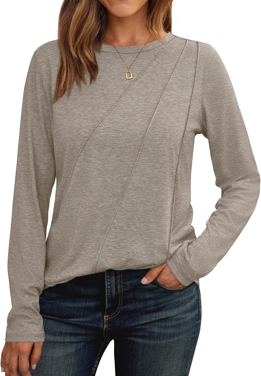 Womens Long Sleeve Shirts Pleated Crew Neck Casual Fall Fashion Tops Loose Fit Lightweight Girls Outfits Clothes