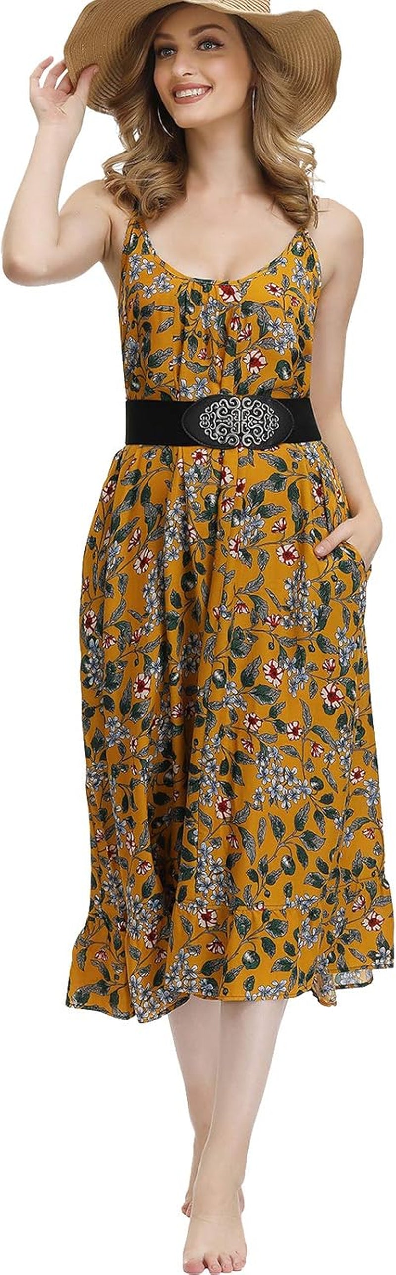 Women'S V Neck Floral Maxi Dress Boho Printed Adjustable Spaghetti Strap Ethnic Beach Long Dress with Pockets
