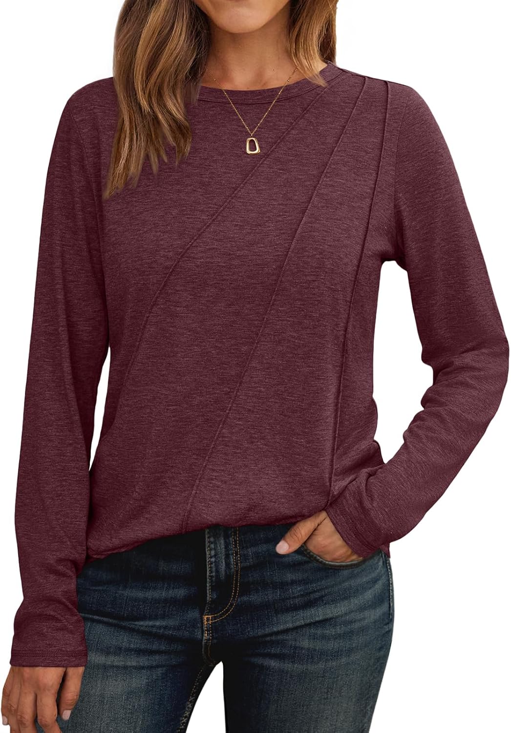 Womens Long Sleeve Shirts Pleated Crew Neck Casual Fall Fashion Tops Loose Fit Lightweight Girls Outfits Clothes
