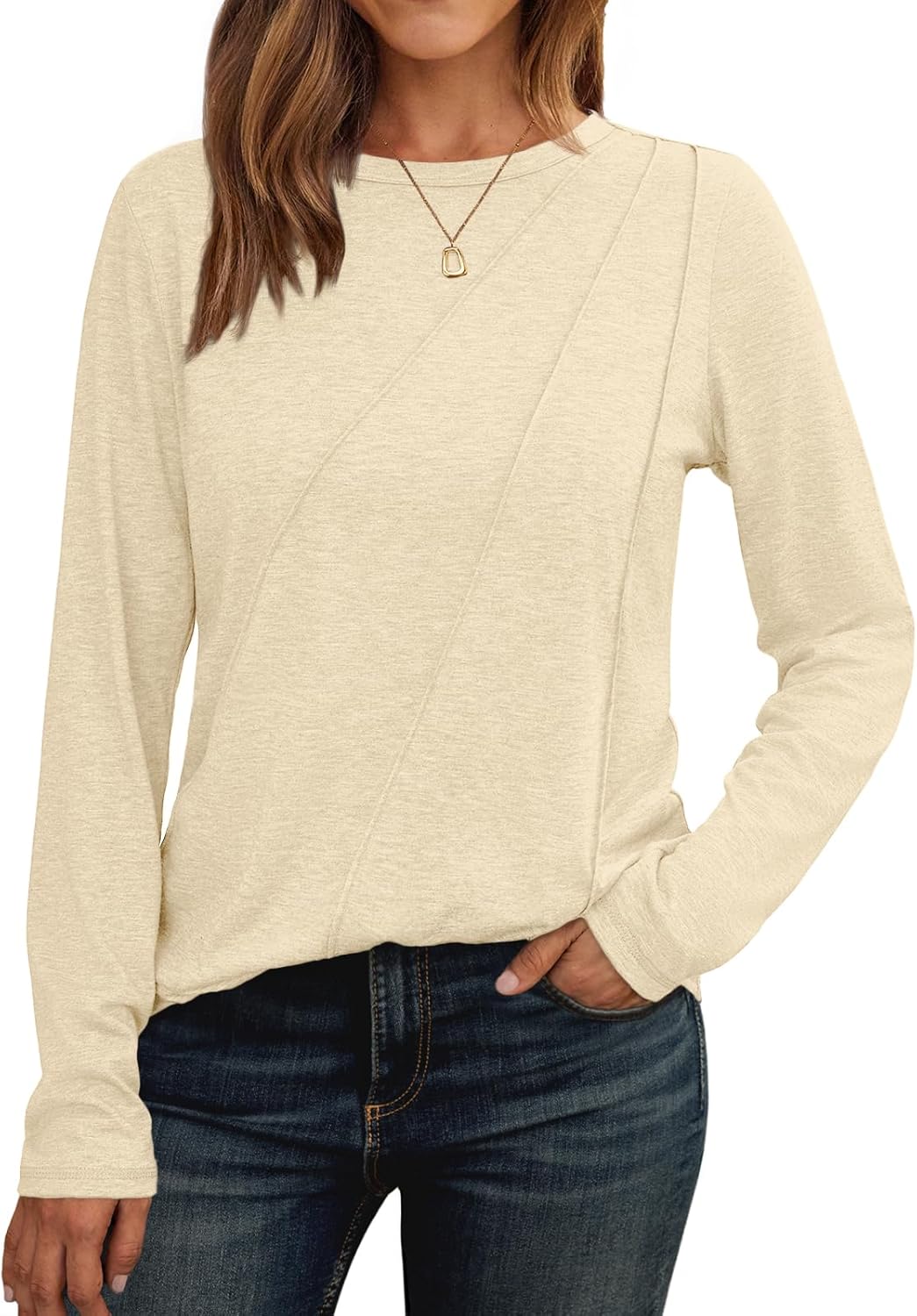Womens Long Sleeve Shirts Pleated Crew Neck Casual Fall Fashion Tops Loose Fit Lightweight Girls Outfits Clothes