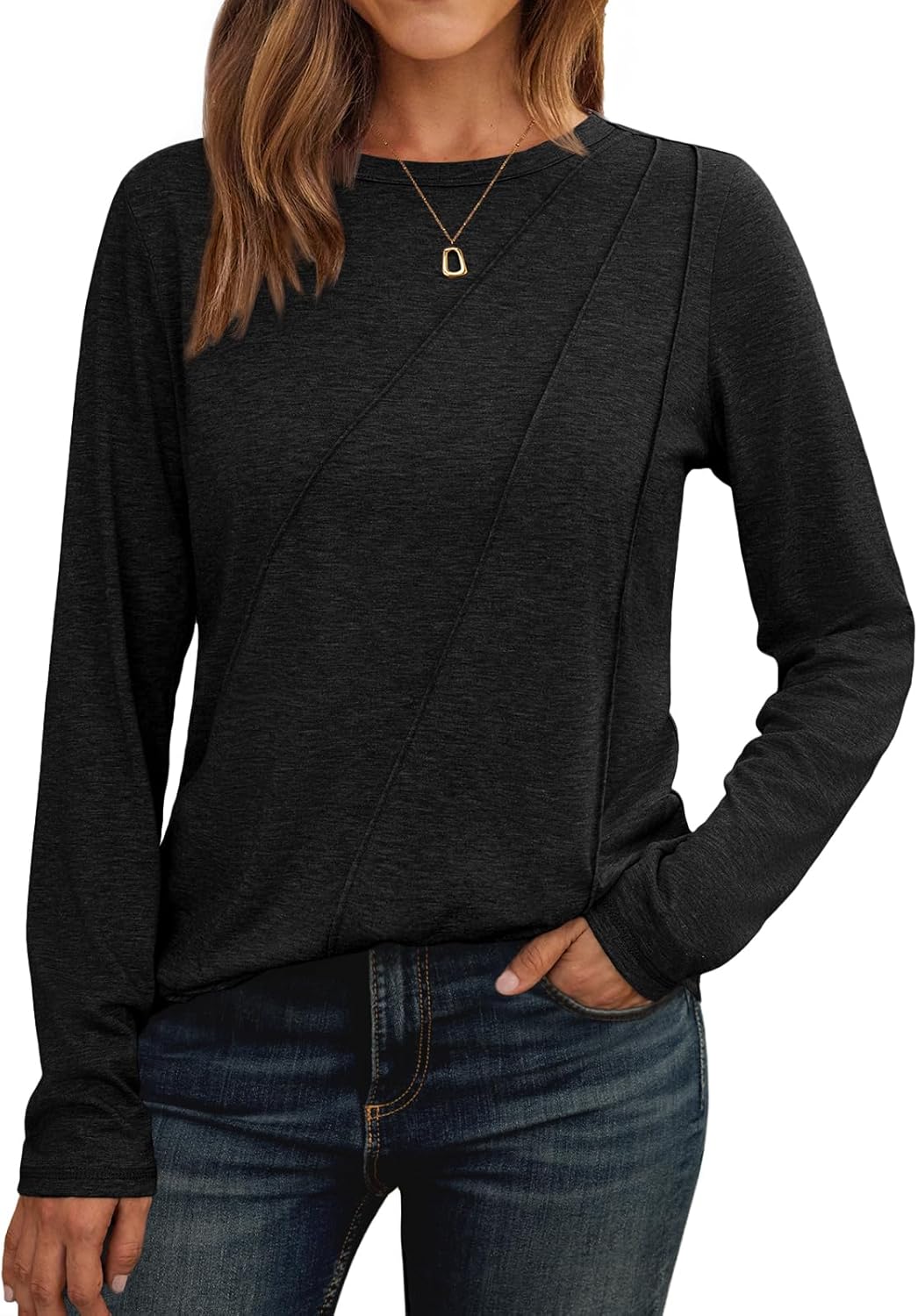 Womens Long Sleeve Shirts Pleated Crew Neck Casual Fall Fashion Tops Loose Fit Lightweight Girls Outfits Clothes