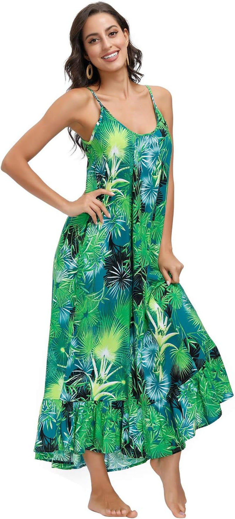 Women'S V Neck Floral Maxi Dress Boho Printed Adjustable Spaghetti Strap Ethnic Beach Long Dress with Pockets