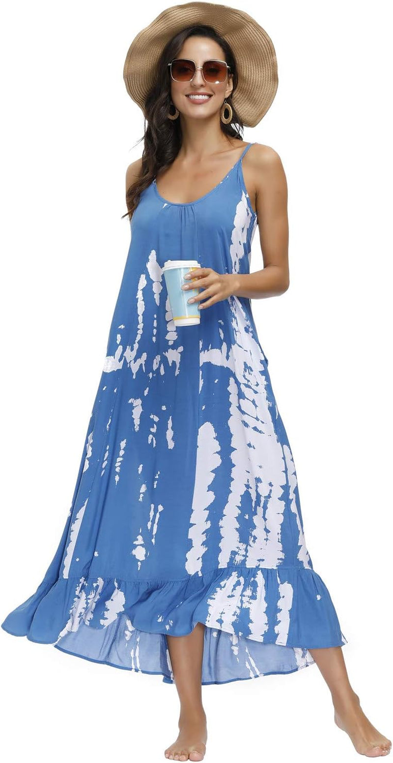 Women'S V Neck Floral Maxi Dress Boho Printed Adjustable Spaghetti Strap Ethnic Beach Long Dress with Pockets