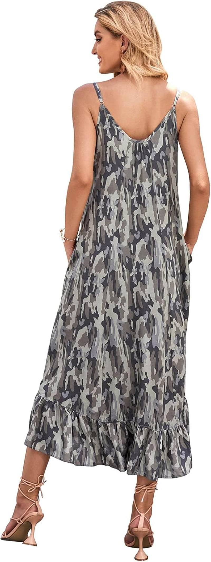 Women'S V Neck Floral Maxi Dress Boho Printed Adjustable Spaghetti Strap Ethnic Beach Long Dress with Pockets