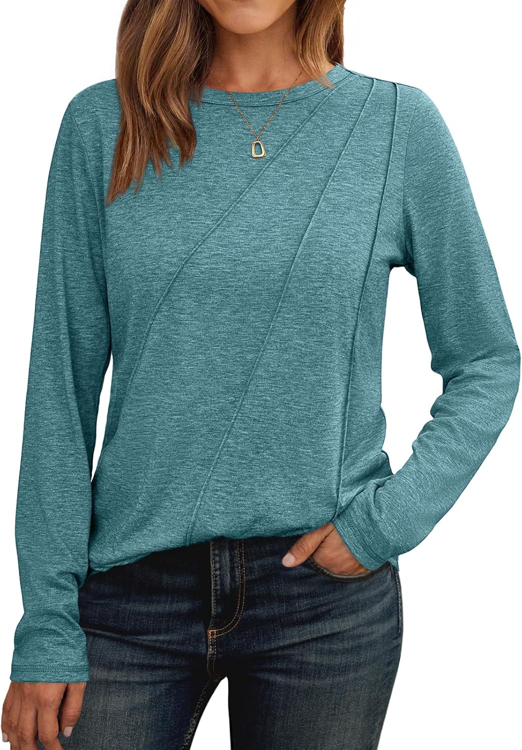 Womens Long Sleeve Shirts Pleated Crew Neck Casual Fall Fashion Tops Loose Fit Lightweight Girls Outfits Clothes