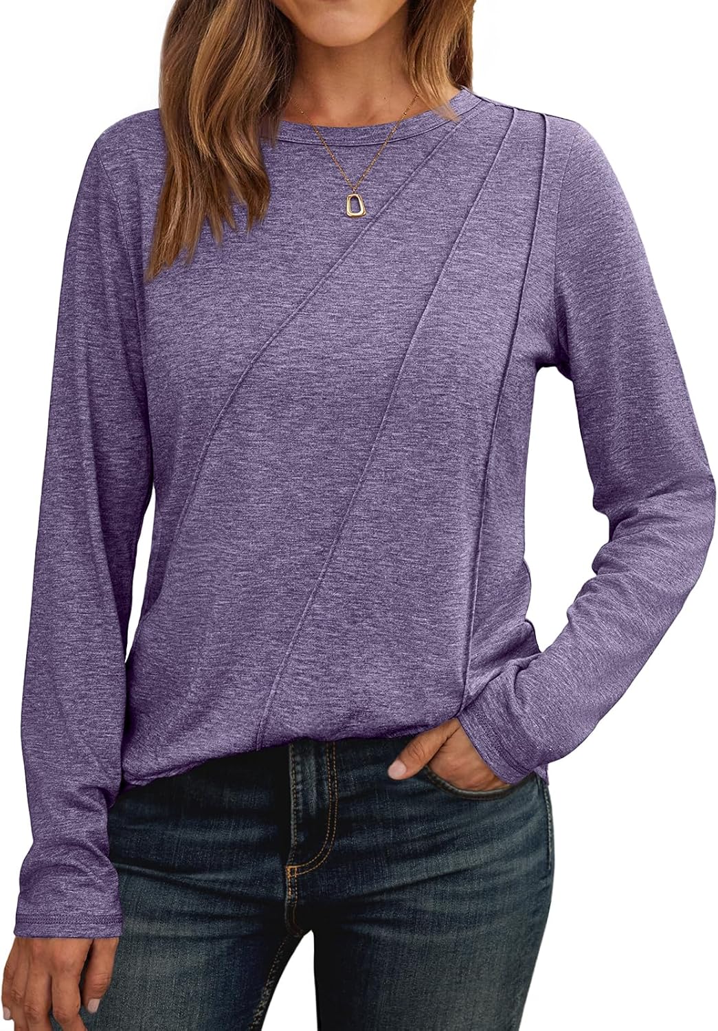 Womens Long Sleeve Shirts Pleated Crew Neck Casual Fall Fashion Tops Loose Fit Lightweight Girls Outfits Clothes