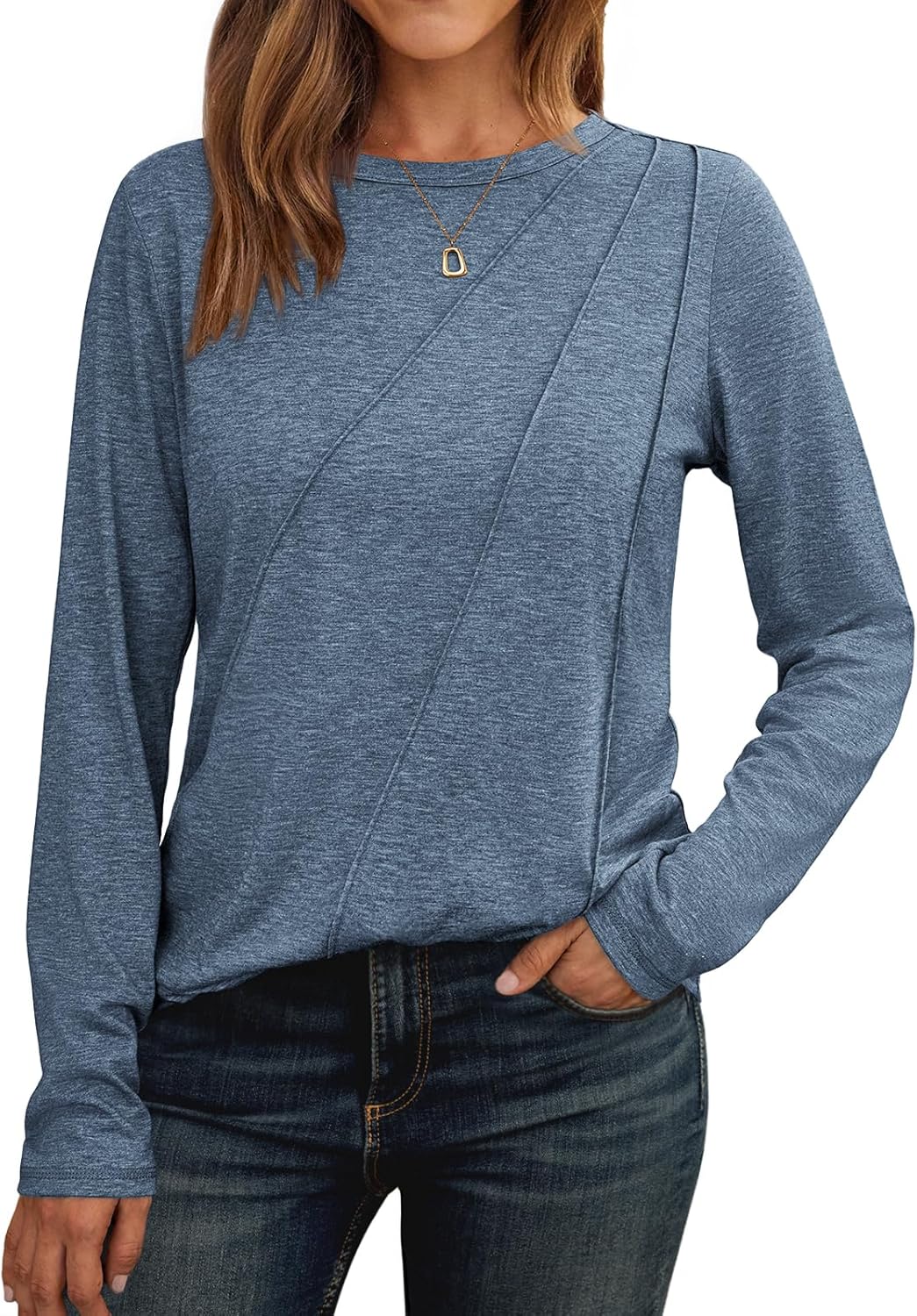 Womens Long Sleeve Shirts Pleated Crew Neck Casual Fall Fashion Tops Loose Fit Lightweight Girls Outfits Clothes