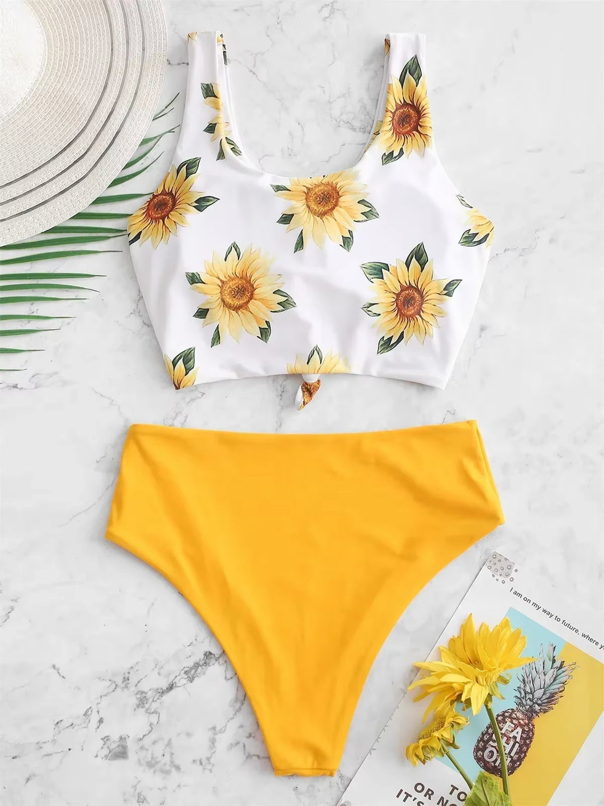 Sexy Sunflower Print Bikini Set 2025 Push up Crop Top Reversible Micro Swimwear Women Front Tie Bathing Suit High Waist Swimsuit