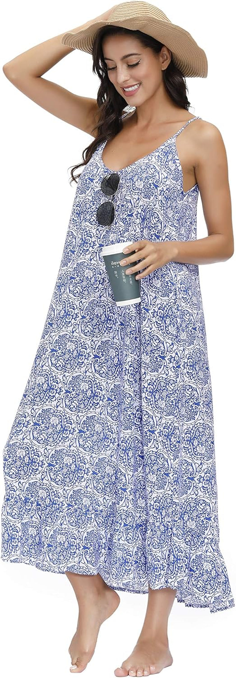 Women'S V Neck Floral Maxi Dress Boho Printed Adjustable Spaghetti Strap Ethnic Beach Long Dress with Pockets