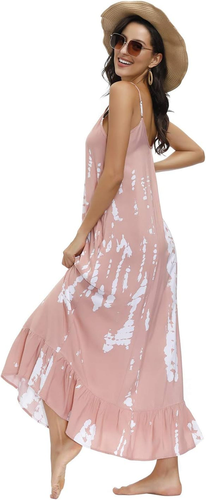 Women'S V Neck Floral Maxi Dress Boho Printed Adjustable Spaghetti Strap Ethnic Beach Long Dress with Pockets