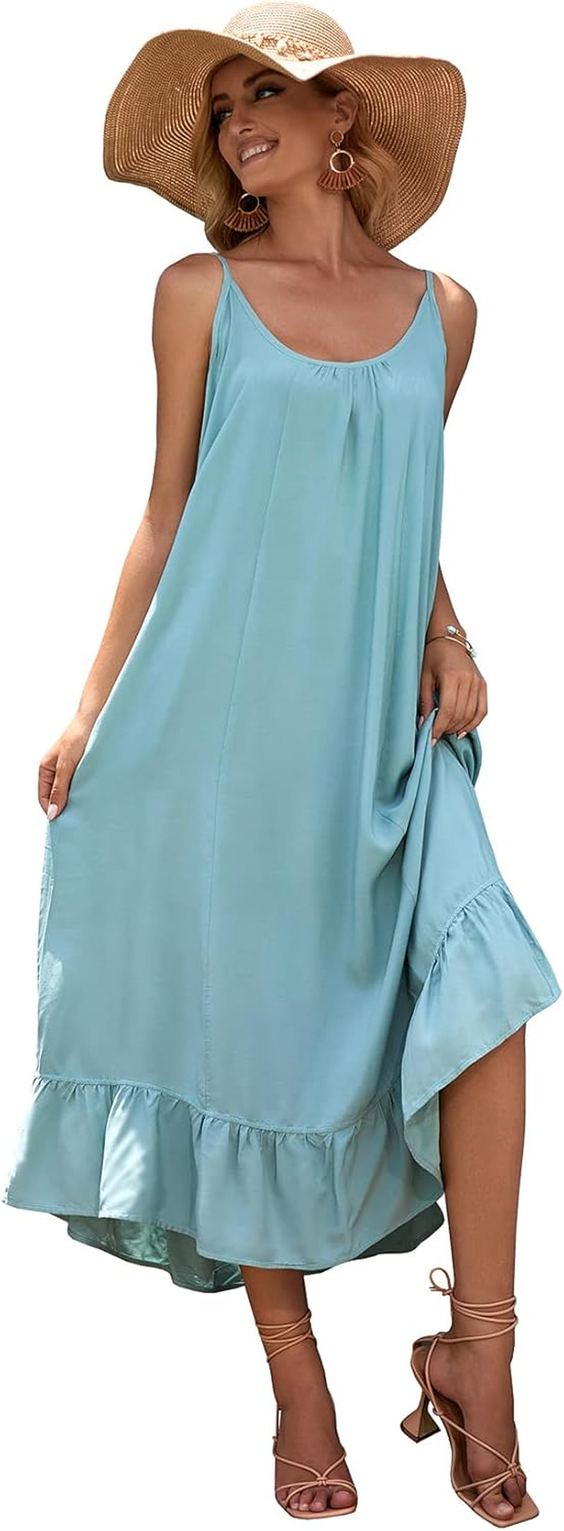 Women'S V Neck Floral Maxi Dress Boho Printed Adjustable Spaghetti Strap Ethnic Beach Long Dress with Pockets