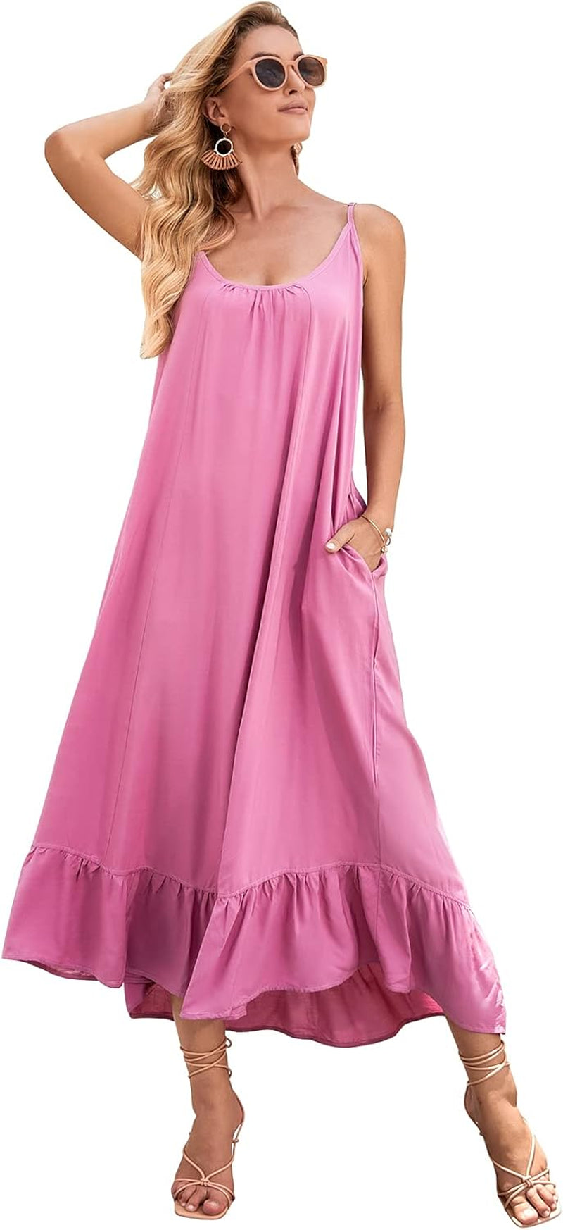 Women'S V Neck Floral Maxi Dress Boho Printed Adjustable Spaghetti Strap Ethnic Beach Long Dress with Pockets
