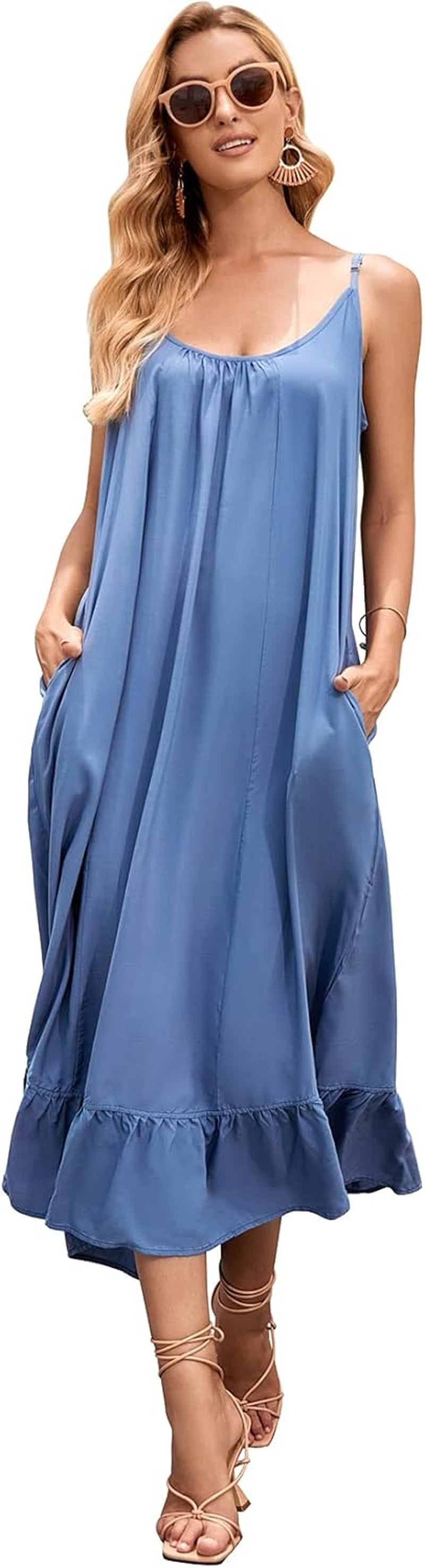 Women'S V Neck Floral Maxi Dress Boho Printed Adjustable Spaghetti Strap Ethnic Beach Long Dress with Pockets