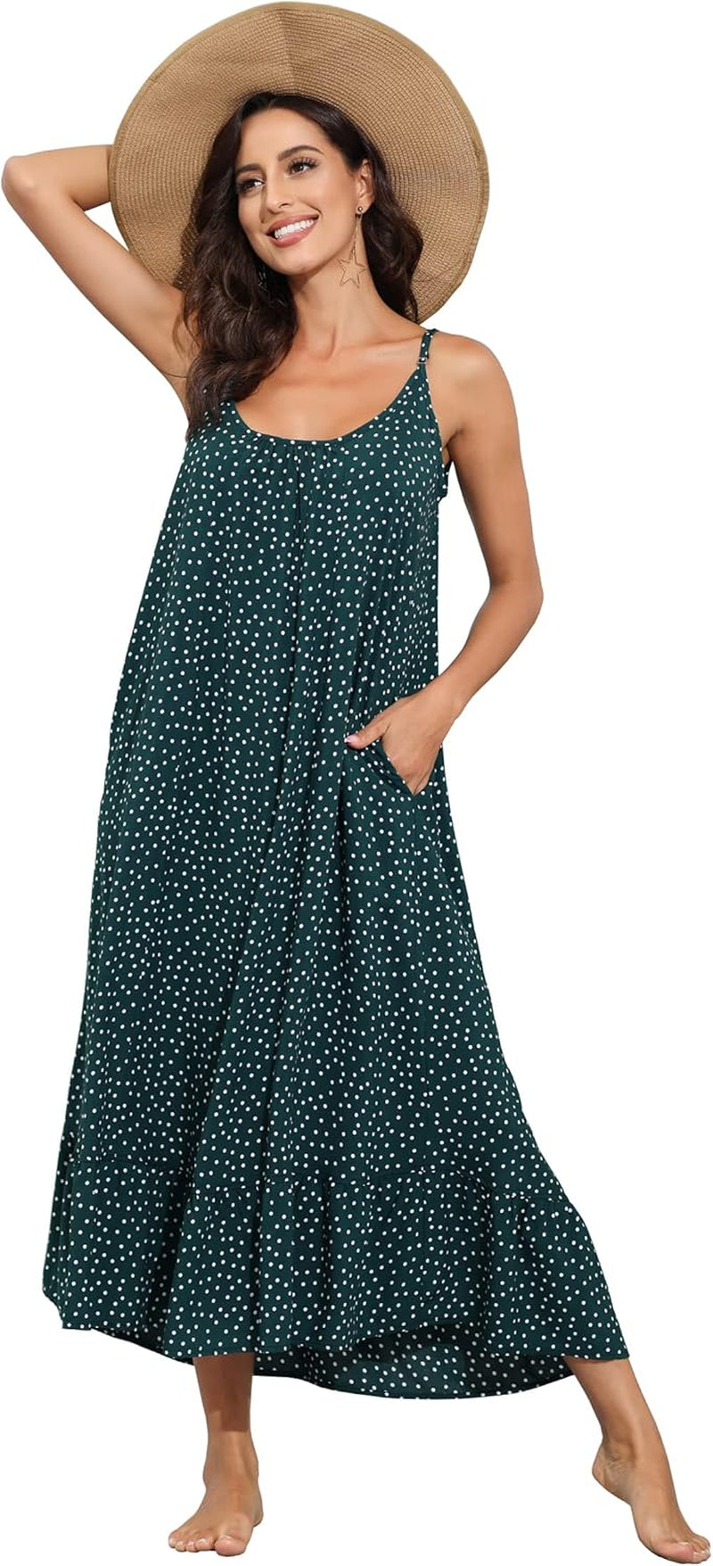 Women'S V Neck Floral Maxi Dress Boho Printed Adjustable Spaghetti Strap Ethnic Beach Long Dress with Pockets
