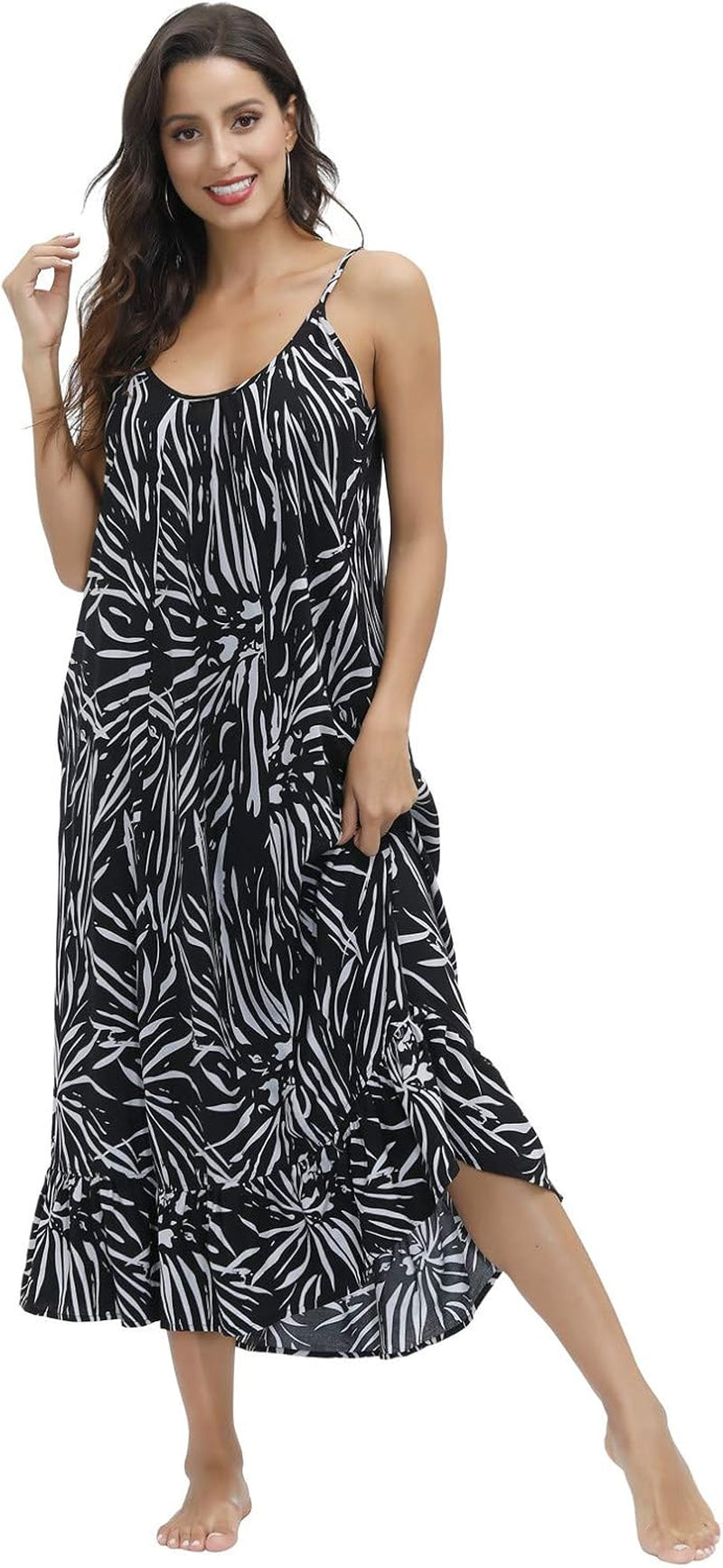 Women'S V Neck Floral Maxi Dress Boho Printed Adjustable Spaghetti Strap Ethnic Beach Long Dress with Pockets