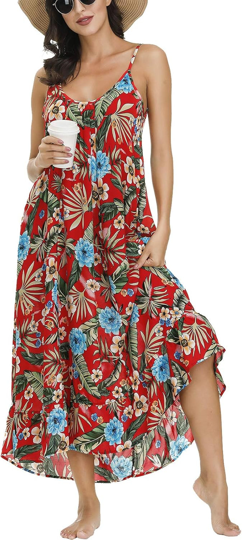 Women'S V Neck Floral Maxi Dress Boho Printed Adjustable Spaghetti Strap Ethnic Beach Long Dress with Pockets